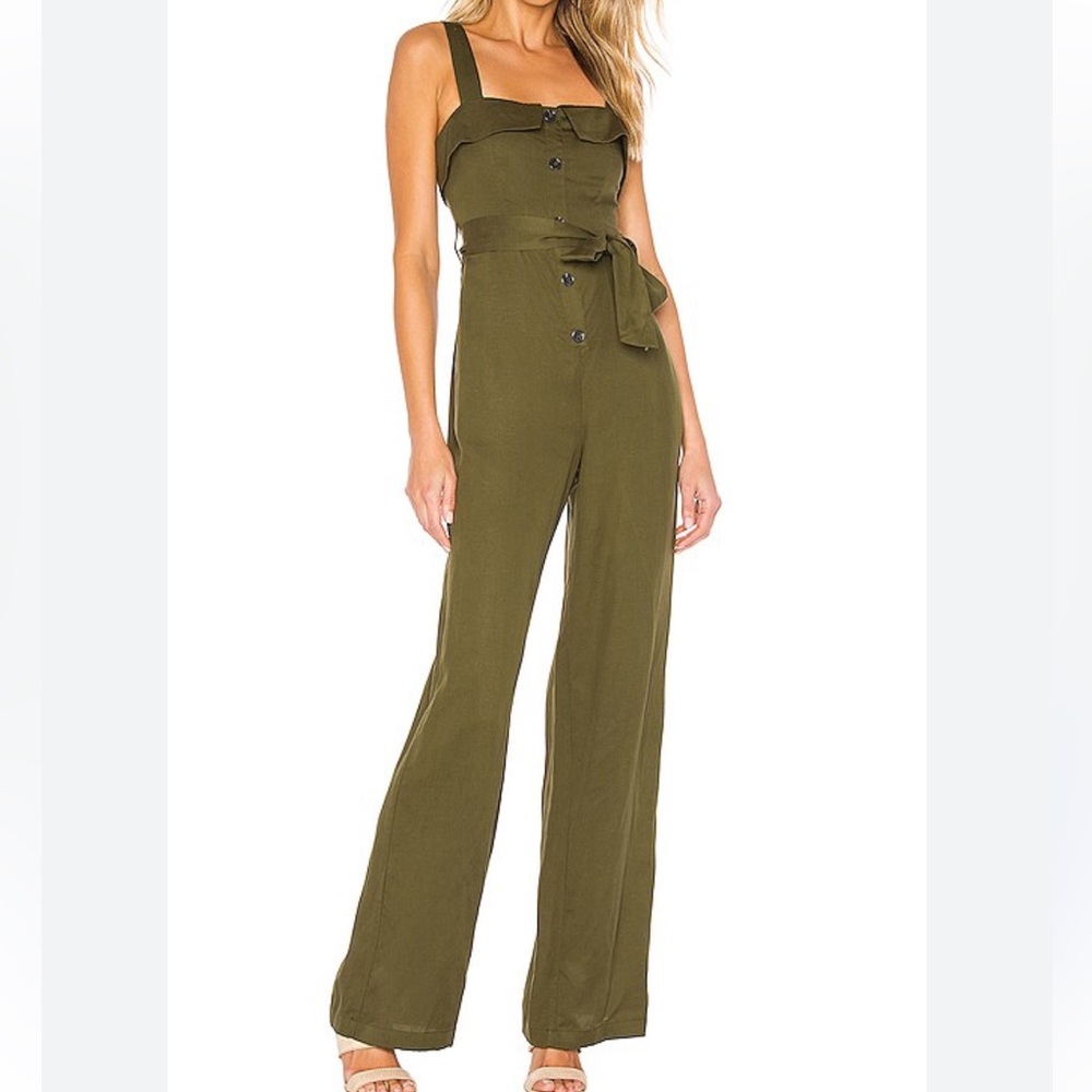 Lovers + Friends Revolve Arty Jumpsuit Olive Green Wide Leg Jumpsuit Tie Waist S